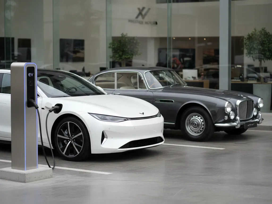 Nowoczesne auto elektryczne na ładowaniu i eleganckie auto spalinowe na placie luksusowego salonu w świetle dnia.